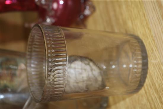 A Zwischengalt glass beaker, three ruby flashes spa beakers, four Bohemian glasses etc